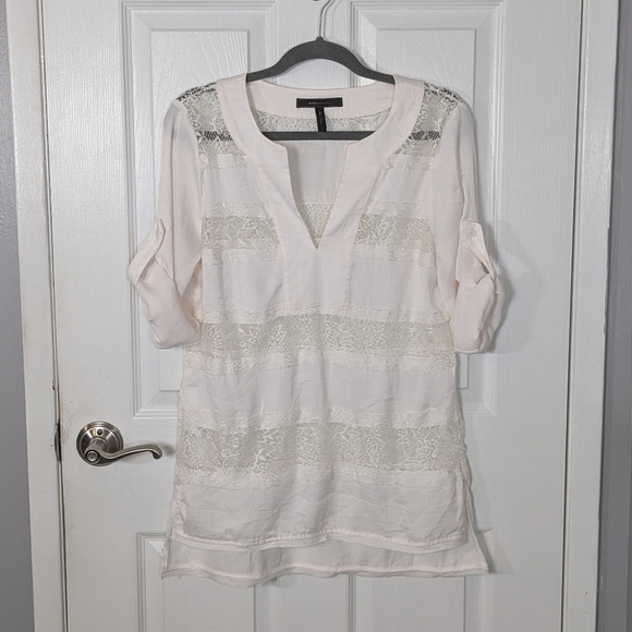 BCBGMaxazria Erid Gardenia White Lace Eyelet Striped Roll Tab Tunic Blouse Small - Picture 1 of 8